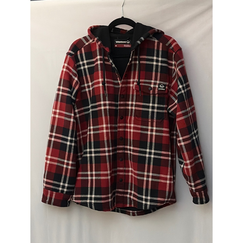 Wolverine Mens Red Plaid Fleece Lined Hooded Flannel Shirt Jacket Size M